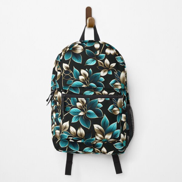 Item preview, Gilded Turquoise: Gold-Outlined Turquoise Floral Pattern on a Black Background designed and sold by Juliette Ozkalfayan.