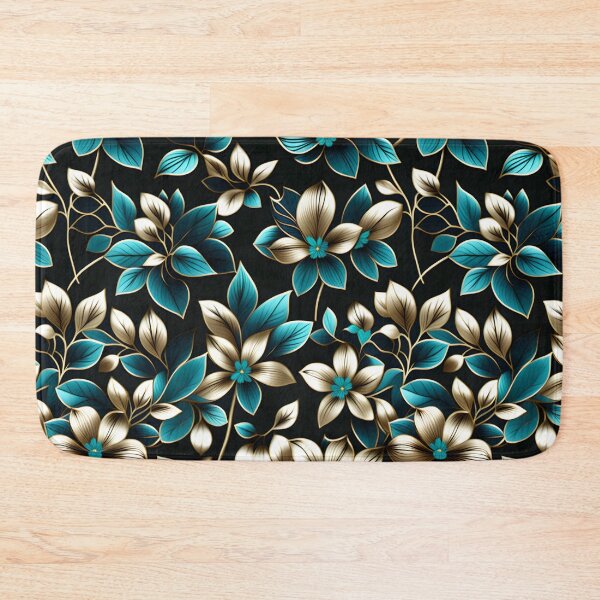 Item preview, Gilded Turquoise: Gold-Outlined Turquoise Floral Pattern on a Black Background designed and sold by Juliette Ozkalfayan.