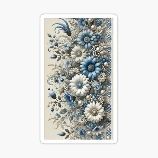 Item preview, Elegant Blue & White Floral Embellishment – Luxurious Pearl & Jewel Accented Botanical Design designed and sold by LDArtWork.