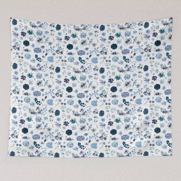 Item preview, Blue flowers and petals on white background seamless pattern designed and sold by Fantacaroo Designs.