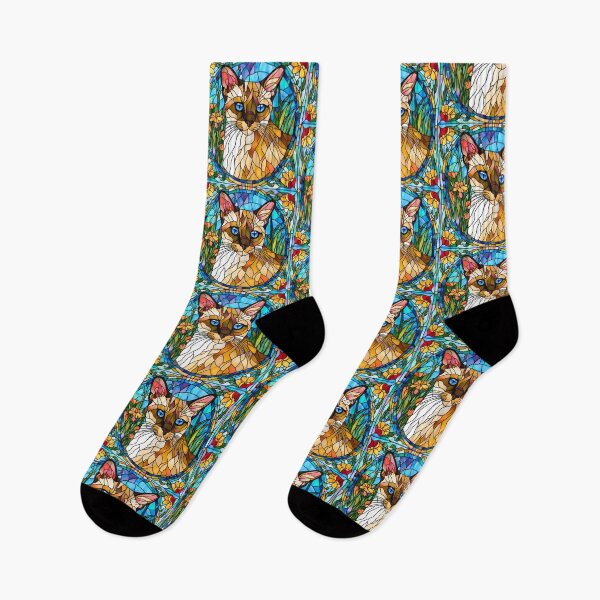 Item preview, Gorgeous Siamese Cat in Colorful Stained Glass Wildflower Field designed and sold by Fredster1966.