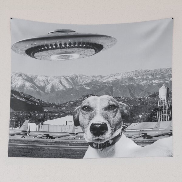 Item preview, Dog Selfie Alien Spaceship UFO Mountains Plane Military Base T-Shirt designed and sold by SunfullyYours.