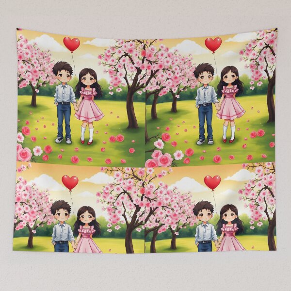 Item preview, First Date as teenagers lovely ANIME illustration under Sakura trees designed and sold by EmeraldeaArt.