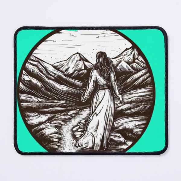 Item preview, Woman walking on a mountain path. Black and white, circular, round, Boho.  designed and sold by CristalleLisa.