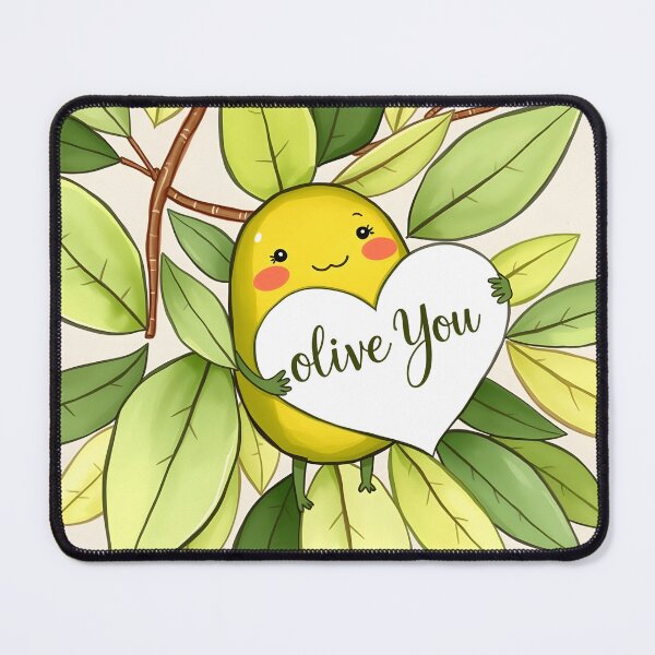 Item preview, Cute Olive You message - funny and adorable olive-love pun with a cartoon smiling olive character illustration designed and sold by EmeraldeaArt.