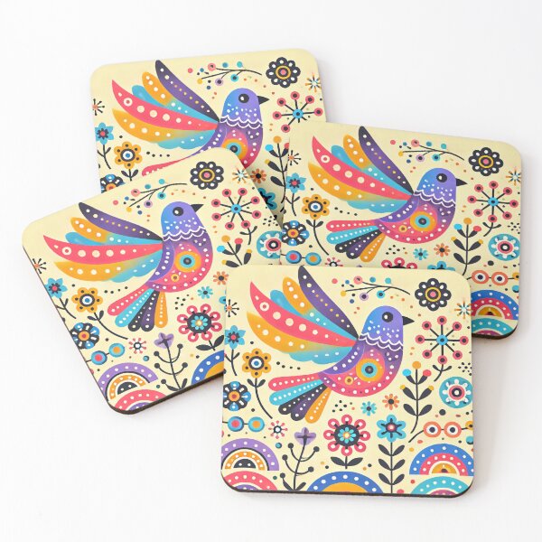Item preview, Scandinavian Folk Art Bird and Meadow Flowers - Yellow, Pink, Blue by heidiannemorris designed and sold by FOLK ART FUSION by heidiannemorris.