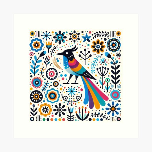 Item preview, Scandinavian Folk Art Magpie and Wildflowers - Vibrant Rainbow Colours by heidiannemorris designed and sold by FOLK ART FUSION by heidiannemorris.