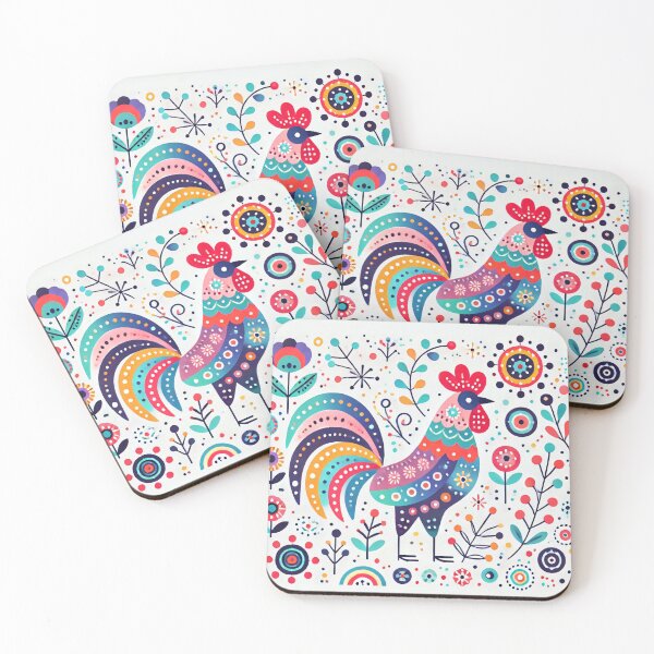 Item preview, Scandinavian Folk Art Rooster and Wildflowers - Vibrant Rainbow Colours by heidiannemorris designed and sold by FOLK ART FUSION by heidiannemorris.