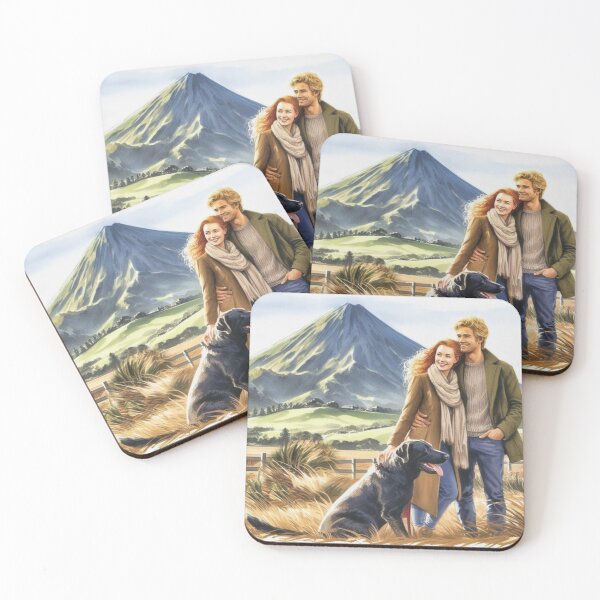 Item preview, Watercolor of a couple with a black Labrador in front of  Taranaki mountain in New Zealand  designed and sold by CristalleLisa.