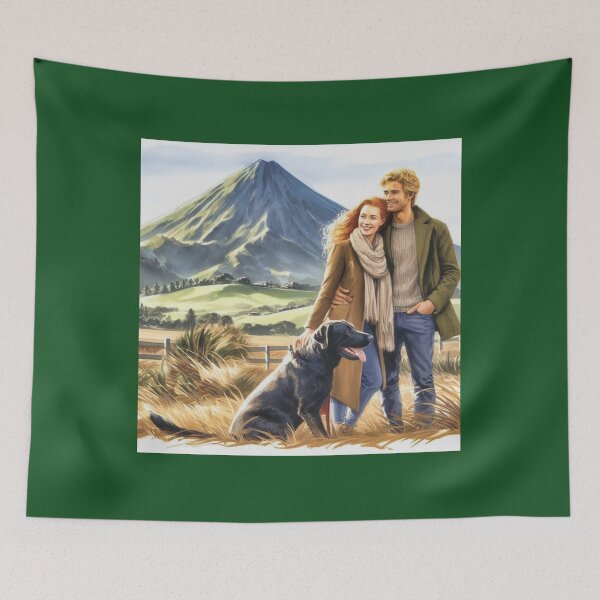 Item preview, Watercolor of a couple with a black Labrador in front of  Taranaki mountain in New Zealand  designed and sold by CristalleLisa.