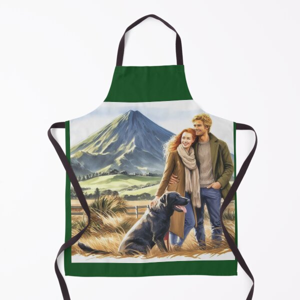 Item preview, Watercolor of a couple with a black Labrador in front of Taranaki mountain in New Zealand designed and sold by CristalleLisa.