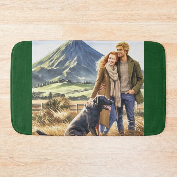 Item preview, Watercolor of a couple with a black Labrador in front of  Taranaki mountain in New Zealand  designed and sold by CristalleLisa.