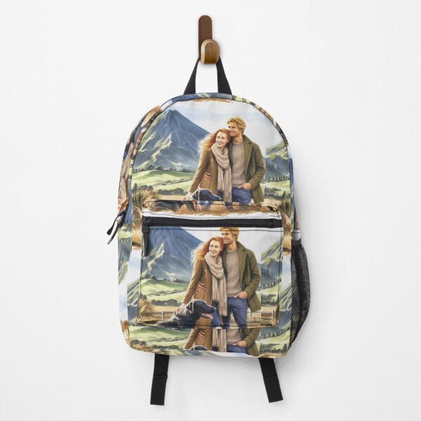 Item preview, Watercolor of a couple with a black Labrador in front of  Taranaki mountain in New Zealand  designed and sold by CristalleLisa.