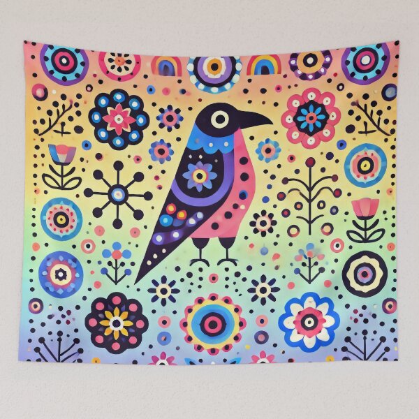 Item preview, Scandinavian Folk Art Raven – Pink, Blue, Yellow, Black Details by heidiannemorris designed and sold by FOLK ART FUSION.
