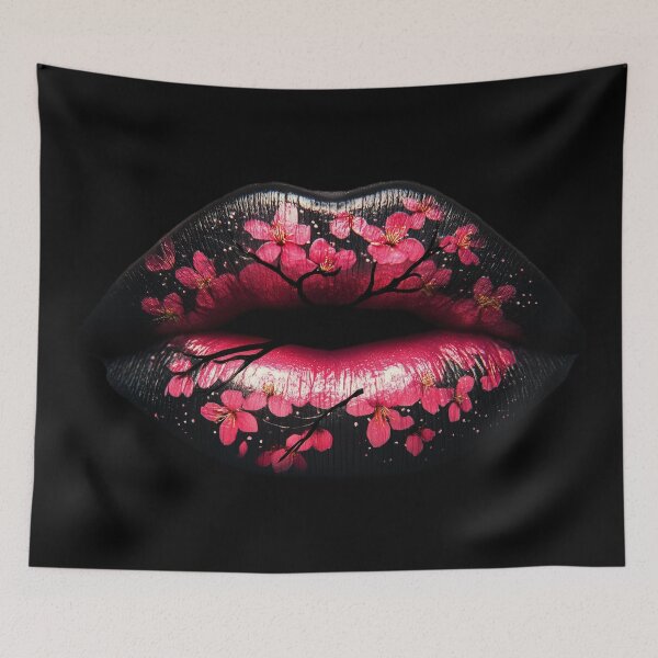 Item preview, Sakura Lips Cherry Blossom Art on Black Lips designed and sold by MyArtworkStudio.