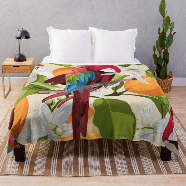 Item preview, Tropical birds parrot, exotic jungle orange fruits, flowers abstract seamless background. designed and sold by MatyKotiv.