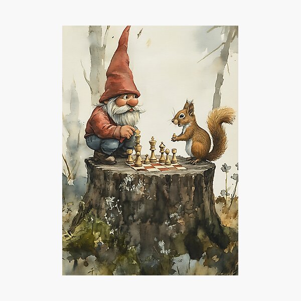 Item preview, Gnome Playing Chess with Squirrel designed and sold by bapupa.