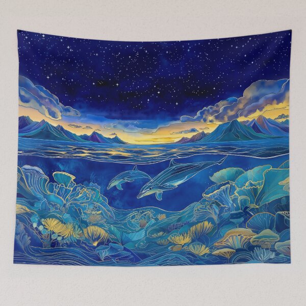 Item preview, Dolphins Swimming Through Coral Reef at Night designed and sold by MagicalOceanArt.
