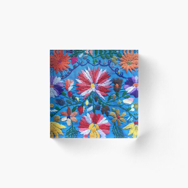 Red & White Mexican Flowers Acrylic Block