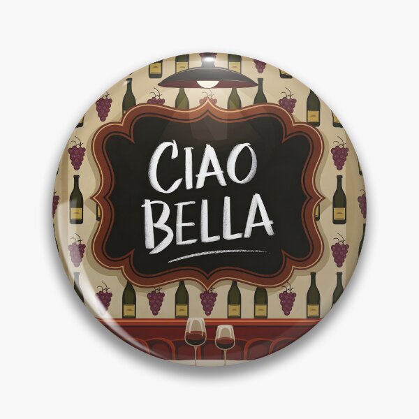 Item preview, Ciao Bella purple grapes and wine bottles on restaurant wallpaper with a table says: ciao bella designed and sold by EmeraldeaArt.