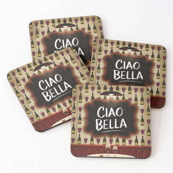 Item preview, Ciao Bella purple grapes and wine bottles on restaurant wallpaper with a table says: ciao bella designed and sold by EmeraldeaArt.