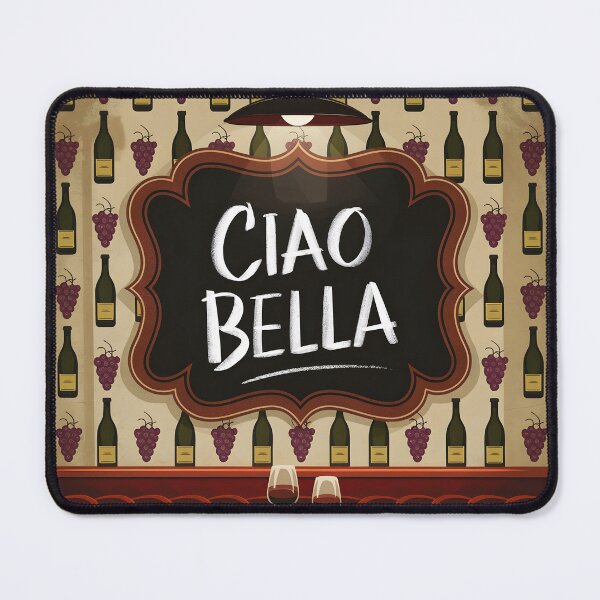 Item preview, Ciao Bella purple grapes and wine bottles on restaurant wallpaper with a table says: ciao bella designed and sold by EmeraldeaArt.