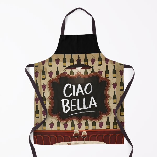Item preview, Ciao Bella purple grapes and wine bottles on restaurant wallpaper with a table says: ciao bella designed and sold by EmeraldeaArt.