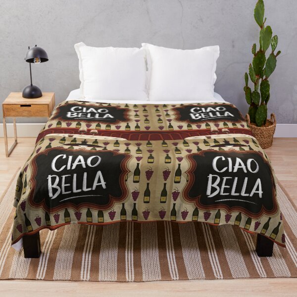 Item preview, Ciao Bella purple grapes and wine bottles on restaurant wallpaper with a table says: ciao bella designed and sold by EmeraldeaArt.