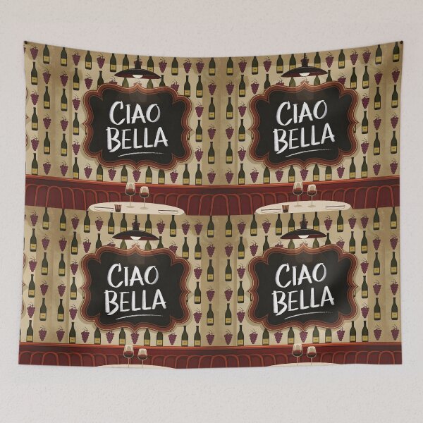 Item preview, Ciao Bella purple grapes and wine bottles on restaurant wallpaper with a table says: ciao bella designed and sold by EmeraldeaArt.