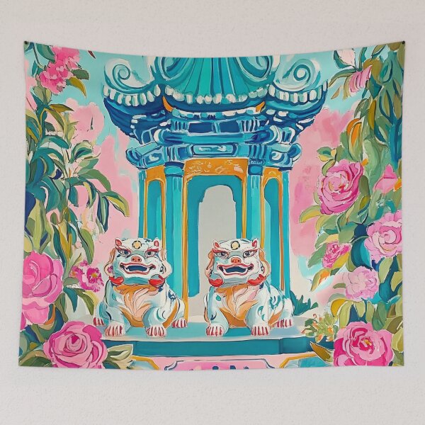 Item preview, Chinoiserie Foo dogs in pagoda garden designed and sold by SophieClimaArt.