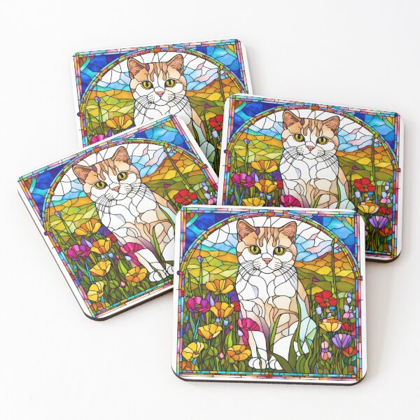 Item preview, Charming Scottish Fold Cat in Vibrant Stained Glass Wildflower Scene designed and sold by Fredster1966.