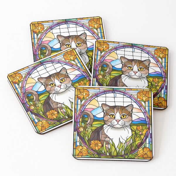 Item preview, Charming Scottish Fold Cat in Gorgeous Stained Glass Wildflower Scene designed and sold by Fredster1966.