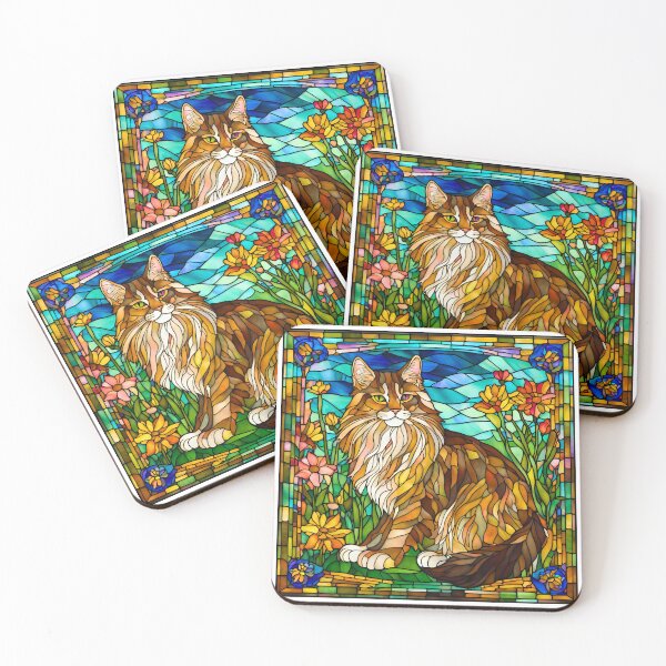 Item preview, Majestic Maine Coon Cat in Gorgeous Stained Glass Wildflower Field designed and sold by Fredster1966.
