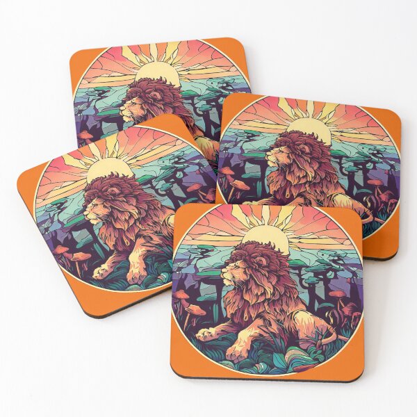 Item preview,  Friendly lion retro sunset colors of a lion  in a forest Alphonse Mucha style with a round frame designed and sold by CristalleLisa.