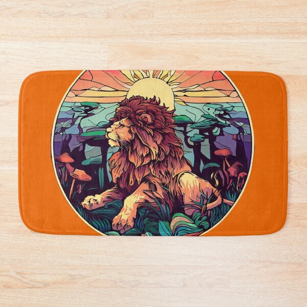 Item preview,  Friendly lion retro sunset colors of a lion  in a forest Alphonse Mucha style with a round frame designed and sold by CristalleLisa.