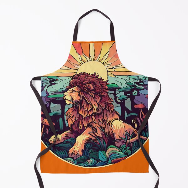 Item preview, Friendly lion retro sunset colors of a lion in a forest Alphonse Mucha style with a round frame designed and sold by CristalleLisa.