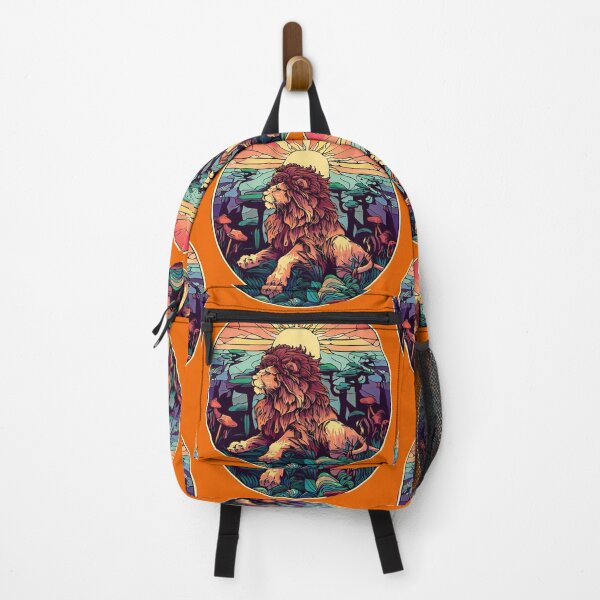 Item preview, Friendly lion retro sunset colors of a lion in a forest Alphonse Mucha style with a round frame designed and sold by CristalleLisa.