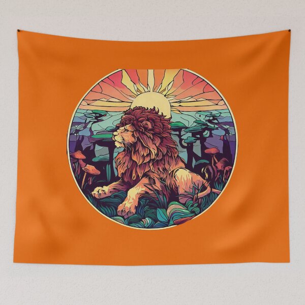 Item preview,  Friendly lion retro sunset colors of a lion  in a forest Alphonse Mucha style with a round frame designed and sold by CristalleLisa.