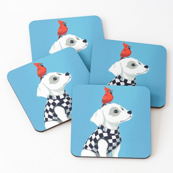 Item preview, dog with cardinal, checkered vest  designed and sold by ArtSE46.