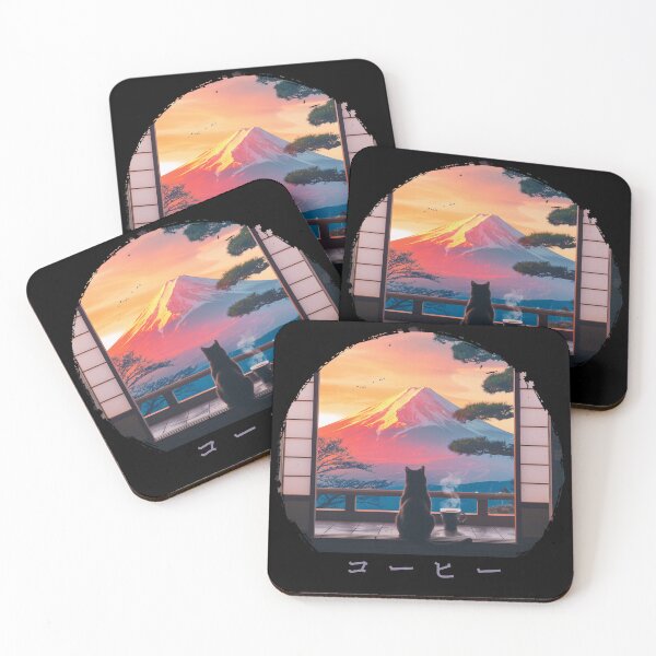 Item preview, Black Cat, Coffee, and Mount Fuji - Serene Japanese Sunrise View designed and sold by Damcoc.