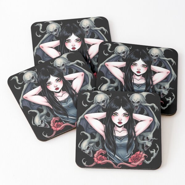 Item preview,  Cute Gothic Goth Vampire Horror Girl Tattoo style illustration with demons designed and sold by Vintage Designs +.