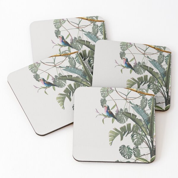 Item preview, Tropical vintage botanical landscape, palm tree, banana tree, plant, Lilac breasted Roller bird, floral border background. designed and sold by MatyKotiv.