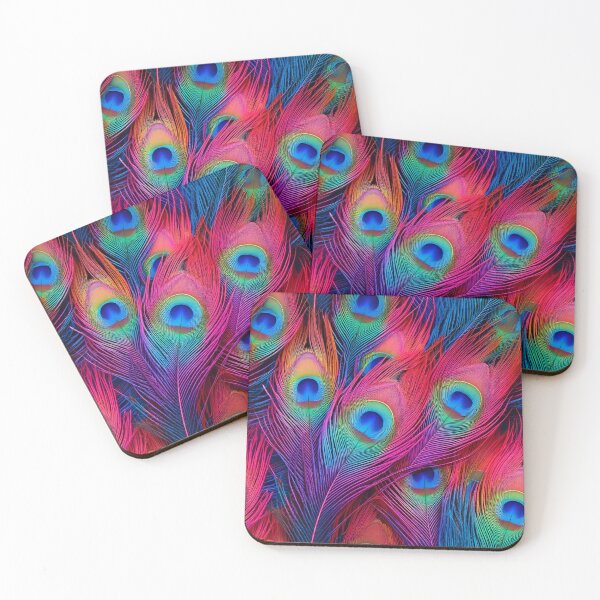 Item preview, Peacock feathers in neon pink, aqua, green and blue with glowing highlights designed and sold by Designbes.