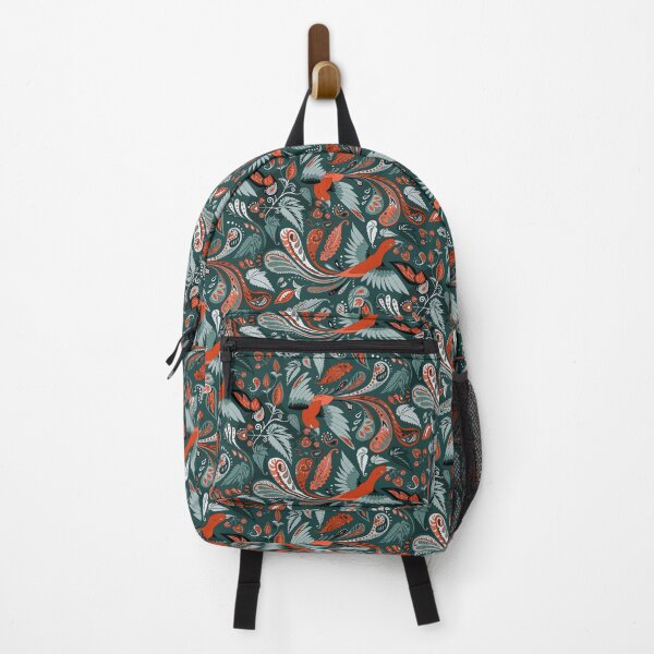 Vista previa del artículo con la obra «Pájaros y begonias con estampado paisley: verde azulado y rojo ladrillo», diseñado y vendido por kobyakov.