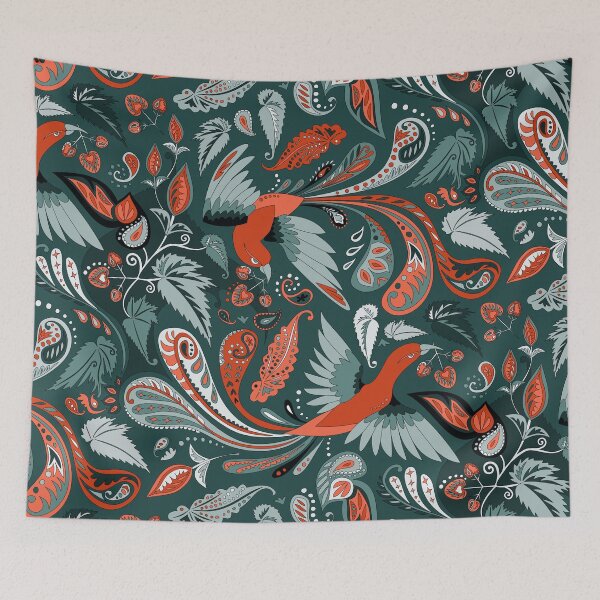Item preview, birds and begonia paisley - teal and brick red designed and sold by kobyakov.