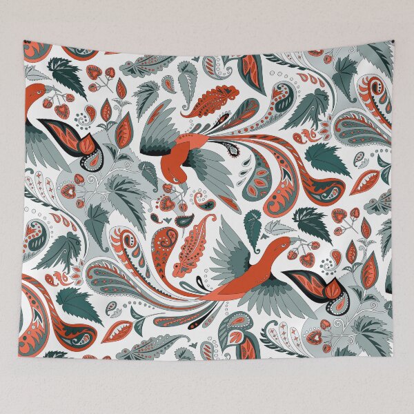 Item preview, birds and begonia paisley - teal and brick red on white designed and sold by kobyakov.