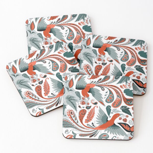 Item preview, birds and begonia paisley - teal and brick red on white designed and sold by kobyakov.