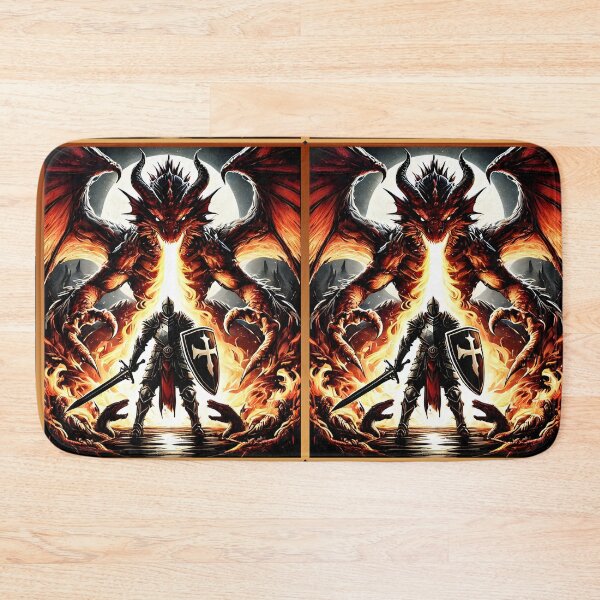 Item preview, Epic Knight vs. Dragon Battle – Fiery Medieval Fantasy Warrior Artwork with a Heroic Crusader and Fire-Breathing Dragon designed and sold by DrawHandArt.