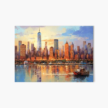 Artikel-Vorschau von Skyline von New York bei Sonnenaufgang mit Boot - Stadtbildmalerei, designt und verkauft von TheArtistOf2022.