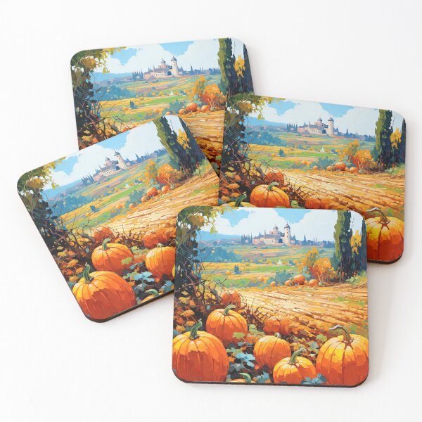 Item preview, Pumpkins in rural fields with village faraway - Landscape painting designed and sold by TheArtistOf2022.